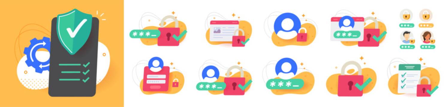 Security password 2fa code authentication technology icon vector set modern graphic illustration design, web site mobile account login safety, user identity otp verification shield, website privacy