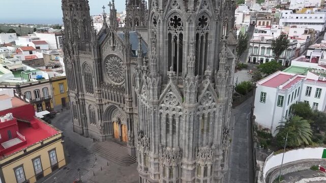 Aerial view of the Neo-Gothic Parish Church of San Juan Bautista in Arucas, Gran Canaria, Canary Islands, Spain
