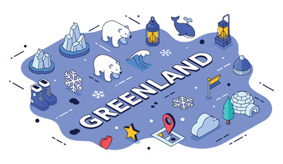 Greenland isometric map with icons of polar bears, icebergs, and igloos