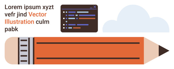 Education, coding, programming, digital learning, creativity, content creation. Pencil, code snippets cloud and placeholder text. Coding and education concepts with technology and creativity © robu_s