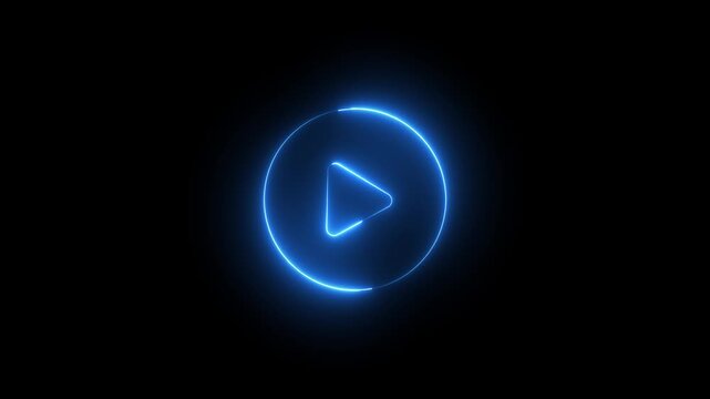 Neon Play button sign icon animation glowing blue color circle media audio and video music stop player pause press click push start button press icon on black background