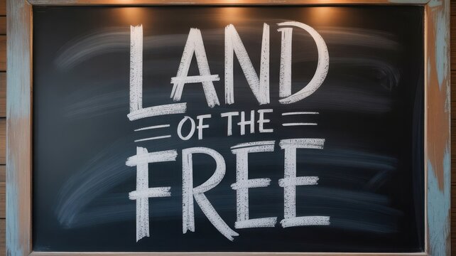 A chalkboard displays the phrase land of the free in white chalk lettering