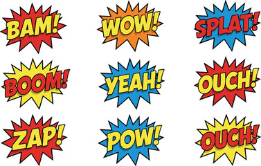 Outline vector illustration set of dynamic comic sound effect explosions with clean minimal design and uniform stroke thickness © Creative Rayhan