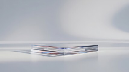 A clear acrylic display platform with colorful reflections in a minimalist setting