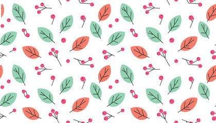 Minimal hand-drawn seamless botanical vector pattern featuring stylized leaves and berries in clean line art composition © Creative Rayhan