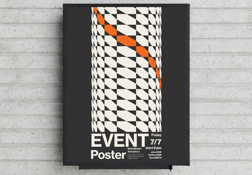 Minimalist event poster template featuring a modern geometric optical illusion grid pattern cut by a vibrant orange curve. Fully editable vector layout with minimalist typography.