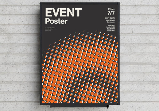 Stylish minimalist event poster template featuring an abstract halftone pattern of orange and white circles. Fully editable vector layout draws inspiration from retro Swiss design.