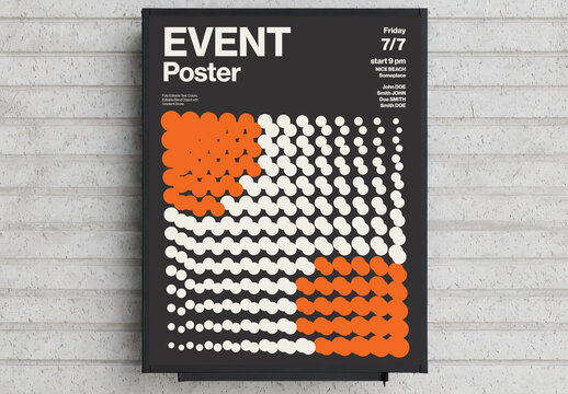 Minimalist event poster template featuring an abstract geometric dot pattern in retro orange and white. Fully editable layout inspired by modern Swiss typography and Bauhaus graphic design.