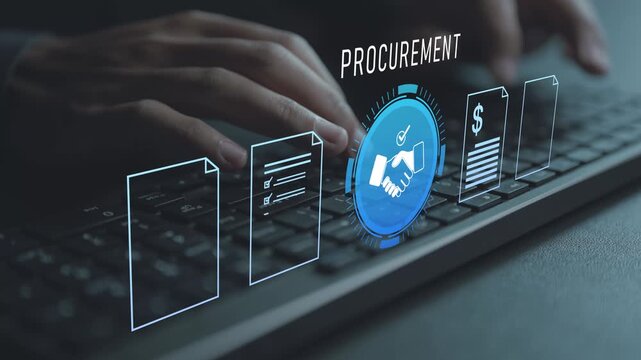 Digital procurement management concept. Person typing keyboard with sourcing and approval icons, supplier evaluation, cost control and business purchasing strategy.