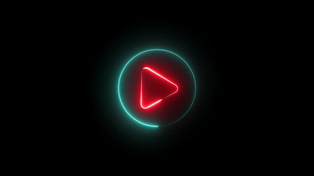 Neon Play button sign icon animation glowing red and cyan color circle media audio and video music stop player pause press click push start button press icon on black background