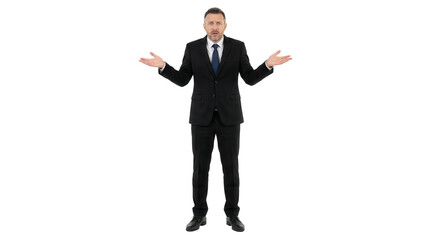 Confused businessman shrugging shoulders isolated on white background