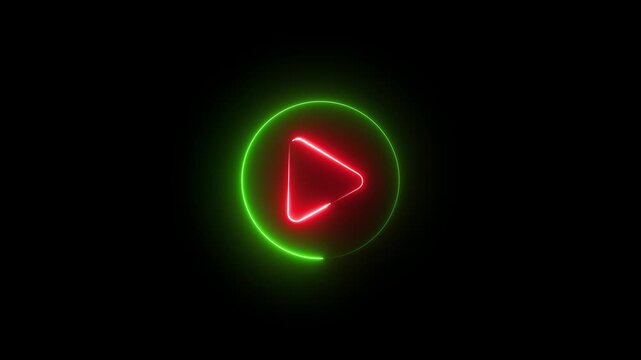 Neon Play button sign icon animation glowing red and green color circle media audio and video music stop player pause press click push start button press icon on black background