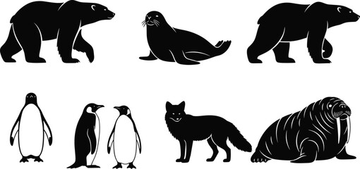 Arctic Antarctic animal silhouettes, polar bear, seal, penguin, arctic fox, walrus vector, wildlife illustration, cold region biodiversity, flavector © MstMarufa