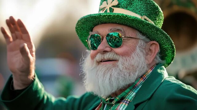 Elderly caucasian man in green st. patrick's day attire with shamrock hat and sunglasses. Saint Patrick's Day, St Paddy's Day, St Patty's Day - Irish National Holiday and Cultural Celebration