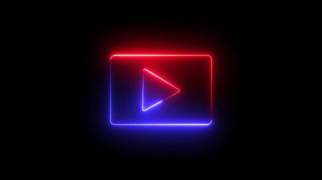 Neon Play button sign icon animation glowing red and blue color circle media audio and video music stop player pause press click push start button press icon on black background