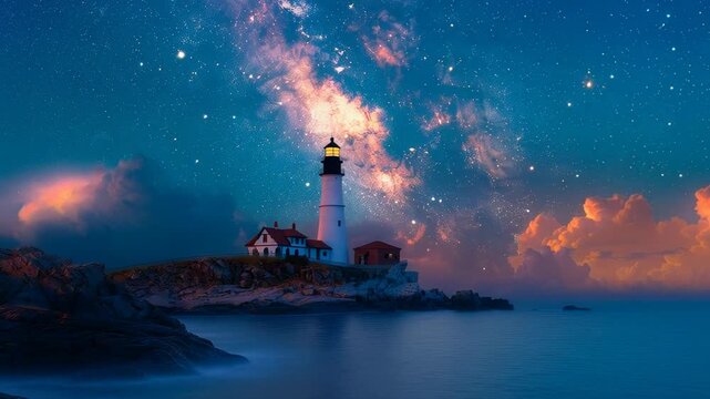 Lighthouse beam sweeping night sky, celestial navigation beacon, coastal sentinel, starry sea, cosmic seascape, nocturnal maritime guide.
