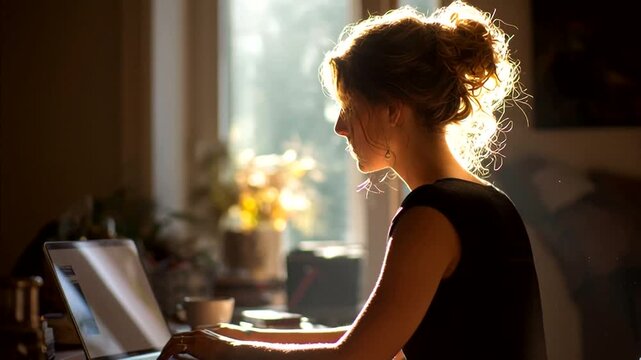 Focused young woman working diligently on her laptop by a sunlit window, capturing the essence of remote work and quiet productivity in a warm, inviting home office setting