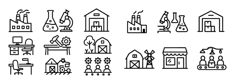 Industry icons with factory flask warehouse outline