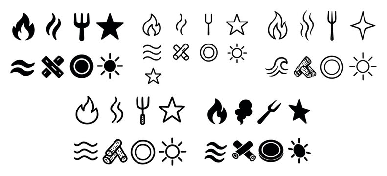 Camp icons with flame wave sun outline