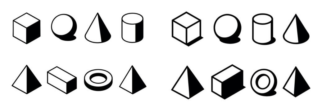 Geometry icons with cube sphere cone simple outline