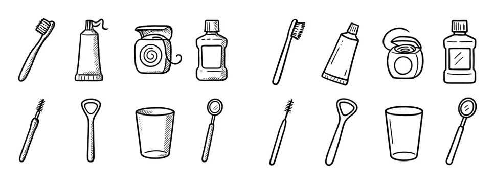 Hygiene icons with toothbrush toothpaste and cup outline