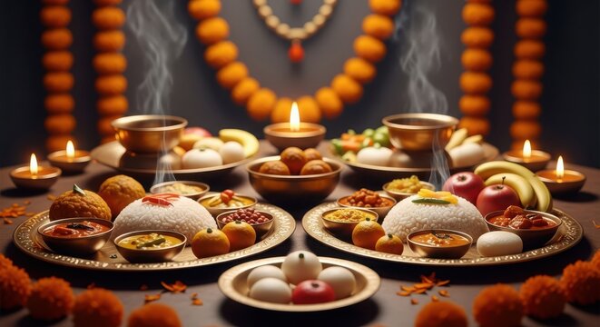 A vibrant chhappan bhog offering with traditional indian sweets and savory dishes