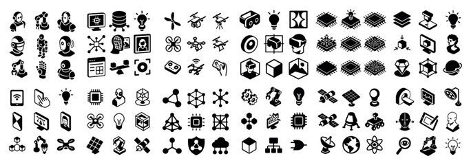 Technology icons with chip robot drone minimal