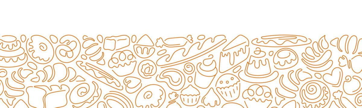 Bakery line backdrop. Vector graphic template. Bread, croissant, cake
