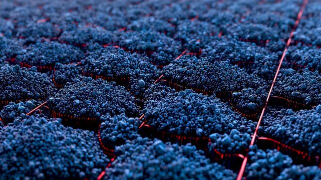 Dense Blue Granular Material With Thin Red Lines Forming Grid Pattern In Detailed Macro Texture
