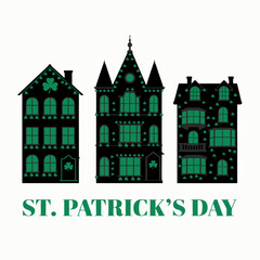 This image depicts three stylized dark green houses adorned with clover motifs set against a white background with st patrick s day text high-quality professional