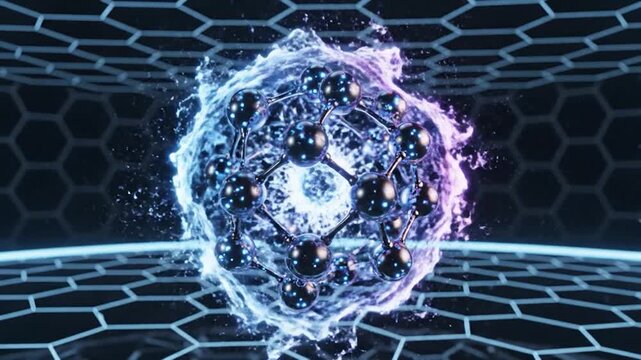 Abstract molecular structure with energy splash on a hexagonal grid background