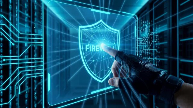 A person is pointing at a screen that says Firewall. Concept of security and protection, as the Firewall is a tool used to protect computer networks from unauthorized access and malicious attacks