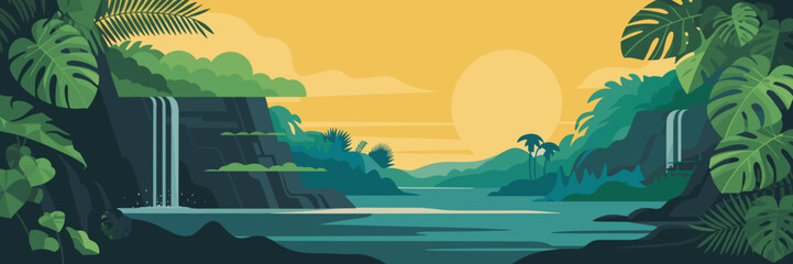 Fototapeta premium vector illustration of tropical jungle waterfall with lush green foliage and river at sunset, Exotic rainforest landscape background