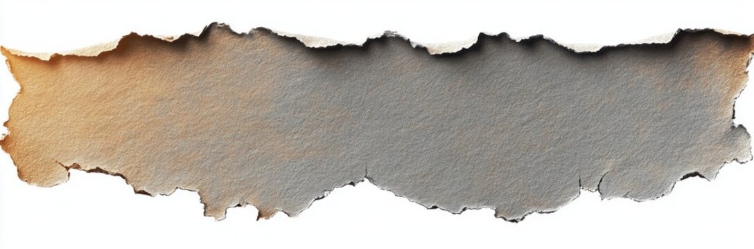 Horizontal torn paper strip with rough jagged edges, textured gray surface and warm stained corner on white background, evoking aged weathered nostalgia