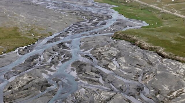 Aerial view of braided river in Kok-Kiya Valley, Kyrgyzstan
