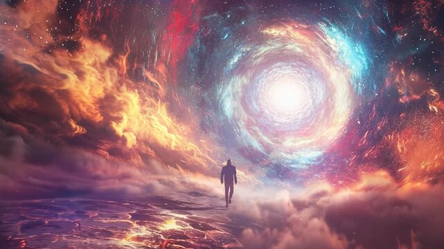 Lone traveler walks toward glowing cosmic, cosmic portal, celestial vortex, sci fi landscape, surreal space journey, interstellar adventure, exploration.