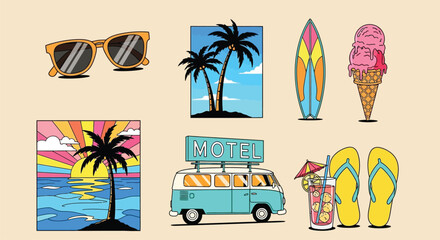 Obraz premium Vibrant summer vacation icons and accessories