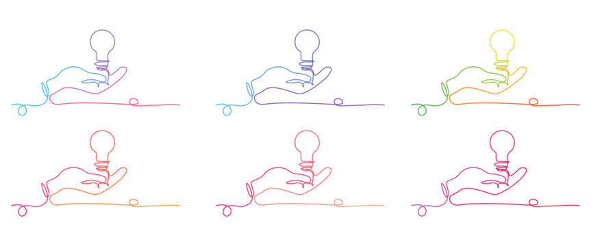 Continuous one line art drawings of human hands holding glowing light bulbs in vibrant colorful gradients symbolizing creative ideas and innovation on a clean white background