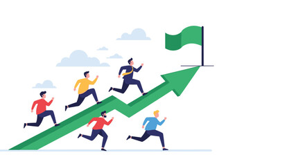 Fototapeta premium Multiple determined men race up a steep upward-trending arrow towards a flag, symbolizing competition, strategic growth, and the pursuit of business goals.