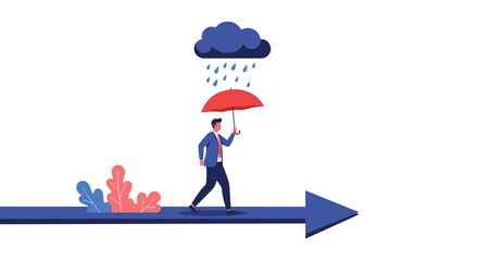Fototapeta premium Resilient businessman walks confidently under a rainy cloud with an umbrella, moving forward on an arrow, symbolizing navigating challenges and risk management.
