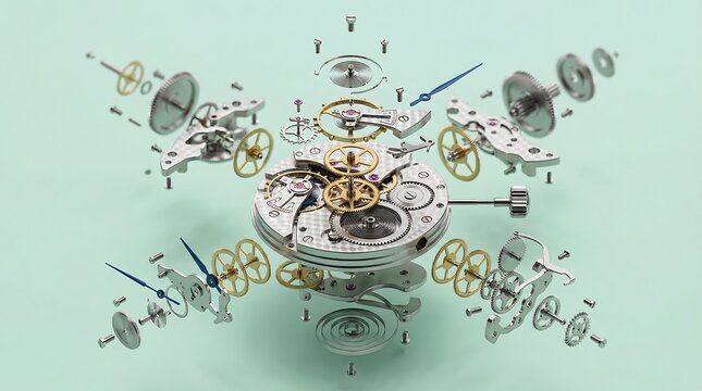 Mechanical Watch Deconstructed Parts In Exploded View 3D Render