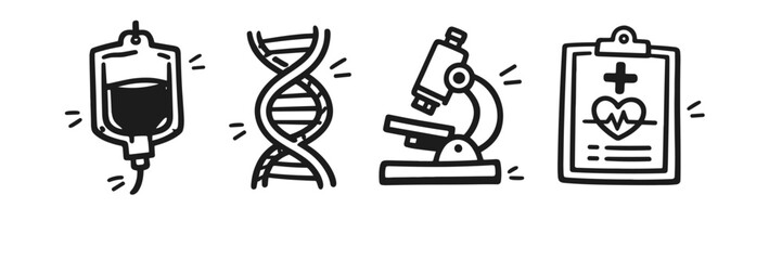 Naklejka premium Medical science icons: blood bag, dna helix, microscope, health report