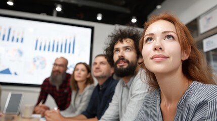Obraz premium Woman and group of diverse people in business meeting. Professionals attending presentation in office conference room. Business team listening to speaker concept.