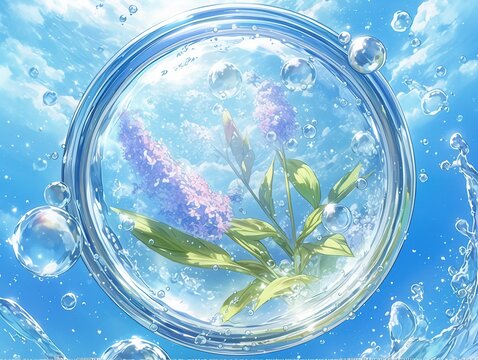 Lawenda zamknięta wewnątrz krystalicznej bańki wody unoszącej się na tle błękitnego nieba z dynamicznymi rozpryskami i kroplami rosy.