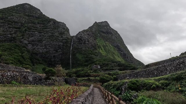 Faja Grande on Flores Island with the Poco do Bacalhau waterfall, Azores, Portugal 