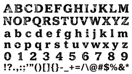 font alphabet in distressed grunge style from a to z numbers punctuation isolated on white background
