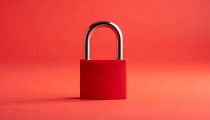 Fototapeta premium A bold red padlock stands upright against a vivid red backdrop, symbolizing privacy, protection, and minimalist security with striking contrast between body and metallic shackle.