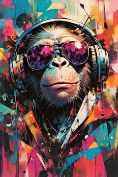 Colorful monkey wearing headphones shows enjoyment in a lively art style