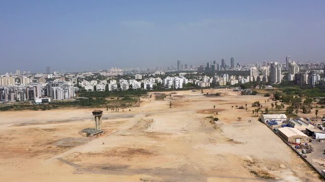 Aerial View of Former Sde Dov Airport Vacated Site with Historic Control Tower and North Tel Aviv Residential Skyline, Israel