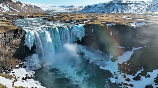 Majestic Goafoss Waterfall in Iceland during Winter with Ice Formations and SnowCovered Landscape.